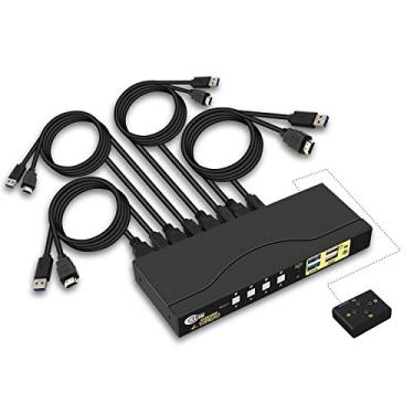 Imagem de CKLau Interruptor HDMI KVM de 4 portas com saída de áudio digital, todos os cabos de entrada e 2 peças USB 3.0 Hub, 4x1 HDMI KVM Switch USB 3.0 Suporta mouse de teclado sem fio, 4K@60Hz 4:4:4, HDMI 2.0, HDR 10, EDID