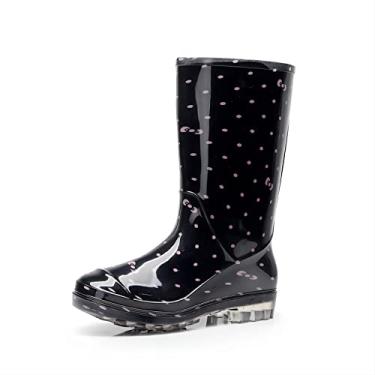 Imagem de Kontai Bota feminina de chuva e jardim galochas de borracha meia panturrilha estampa floral impermeável para jardim feminino calçado de chuva, Bolinhas pretas, 37