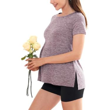 Imagem de Camiseta feminina de maternidade manga curta dividida lateral gravidez roupas de maternidade, Cinza, roxo, GG