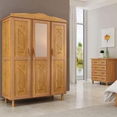 Imagem de Conjunto Guarda Roupa Casal 3 Portas com Espelho e Cômoda 4 Gavetas - 