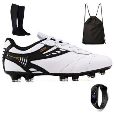 Imagem de Kit Chuteira Futebol Campo em Couro Trava Gramado + Mochila + Meião + 