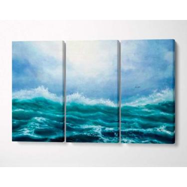 Imagem de 3 Quadros em Tecido Canvas Ondas Mar Céu Pássaros Paisagem - LindaCasa