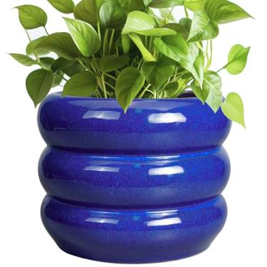 Imagem de SQOWL Vaso de plantas de 20 cm - Vaso de cerâmica para interior com orifício de drenagem, vaso de flores ao ar livre, vasos decorativos redondos para cozinha, balcão e mesa, decoração azul