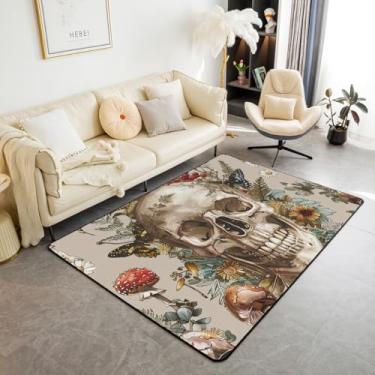 Imagem de Manfei Tapete de área infantil com caveira, folhas de flores de cogumelo, tapetes para decoração de quarto de meninos e meninas, tapete decorativo de caveira gótica para sala de estar, tapetes