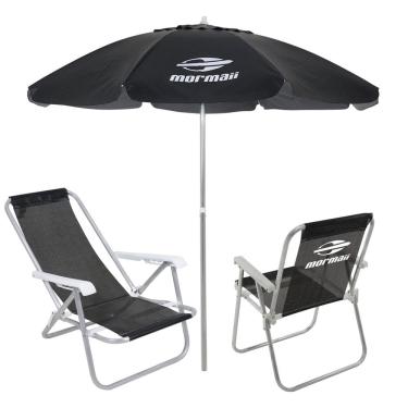 Imagem de Kit 2 Cadeiras Alta e Reclinável Alumínio + Guarda Sol Bagum 2,4m Preto Mormaii - Belfix