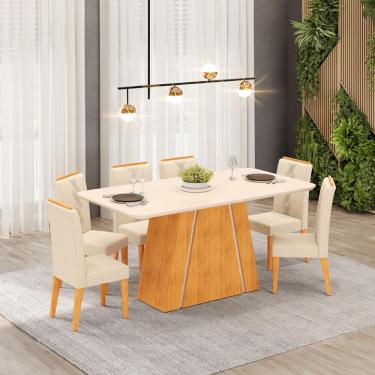 Imagem de Conjunto Sala de Jantar 6 Cadeiras Tampo Curvo dj Móveis Gabi Cedro Off Yasmin Linho Neve