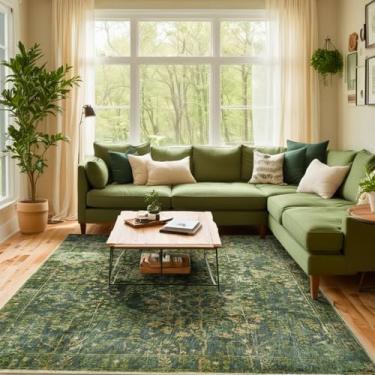 Imagem de Tapete lavável de musgo verde, ultrafino, resistente a manchas, boho, vintage, natureza, botânico, 10 x 15 cm, para sala de estar, entrada, cozinha, berçário, moderno, moderno, quarto, dormitório