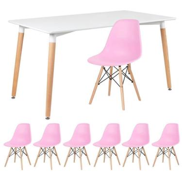 Imagem de Kit - Mesa Retangular Eames 80 X 140 Cm Branco + 6 Cadeiras Dsw Rosa Claro Mesa Branco Com Cadeiras Rosa