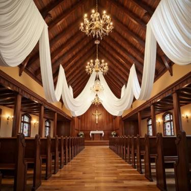 Imagem de PartyVillage 2 painéis de 1,5 m x 9 m cortinas de teto brancas para festas de casamento – 7,5 m de poliéster grosso extra longo sem rugas, decoração de barraca para festa de aniversário, cerimônia de