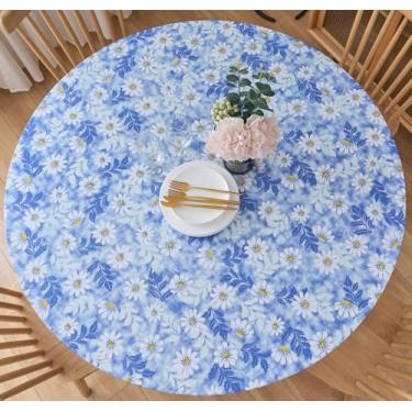 Imagem de Toalha de mesa redonda de vinil com bordas elásticas com forro de flanela – capa de plástico de PVC à prova d'água à prova de óleo (serve para mesas de até 101 cm - 111 cm de diâmetro)