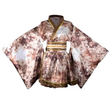 Imagem de Quimono feminino curto sexy fantasia adulta estampa de gueixa japonesa vestido de festa de Halloween vestido chique com cinto, 100# Marrom, G