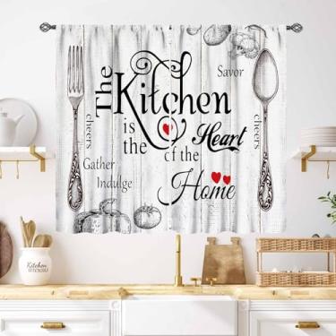 Imagem de Cortinas de cozinha rústicas, garfo retrô, tábuas de madeira, tema de culinária rural, citações engraçadas, tratamento de janela para quarto, sala de estar, banheiro, 2 painéis, 139 x 99 cm