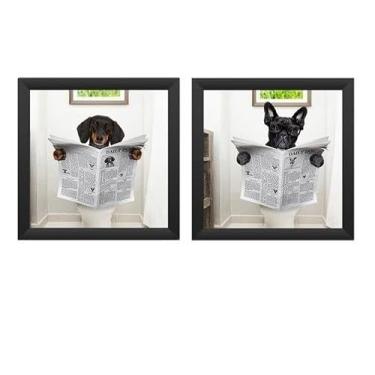 Imagem de Kit 2 Quadros Banheiro, Lavabo, Toalete, Doguinhos Com Vidro (Preto)