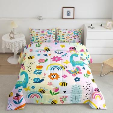 Imagem de meiyoeat Jogo de cama solteiro, arco-íris, desenho animado, dinossauro, floral, abelha, borboleta, respirável, fofo, animal, 1 edredom com 1 fronha