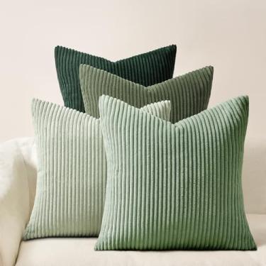 Imagem de Topfinel Capas de almofada decorativas verde claro série verde, fronhas de inverno fofas de veludo cotelê listrado Euro para sofá-cama quarto, fronha verde caçador moderno ocidental 50 x 50