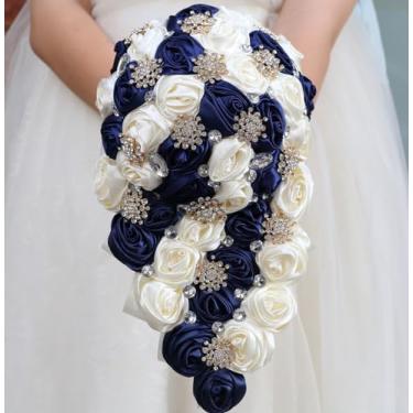 Imagem de Mhojpik Buquê de casamento luxuoso cascata de cetim rosa cachoeira segurando buquê de flores artificiais para noiva dama de honra (branco marfim e azul marinho, 44 cm x 22 cm)
