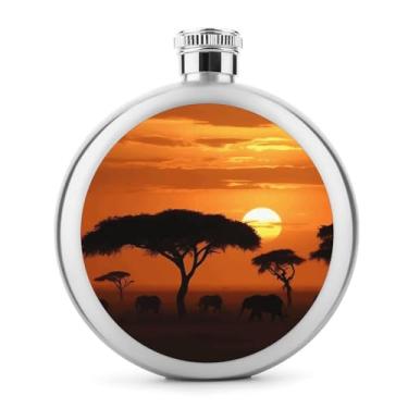 Imagem de Cantil de aço inoxidável, pôr do sol africano Savanna Print Metal Flask Classic Flask Pocket Flask Hip Flask Travel Flask Portátil Licor