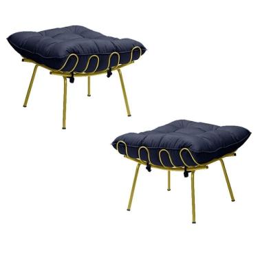 Imagem de Kit 2 Puff Sala de Estar Abel Pés Dourado Veludo Azul