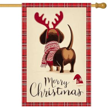 Imagem de BlissYard Merry Christmas, bandeira de jardim, vista traseira, chifres de rena para cães, 71 x 101 cm, dupla face, boas vindas, banners de quintal grandes para amantes de cães, varanda para casa