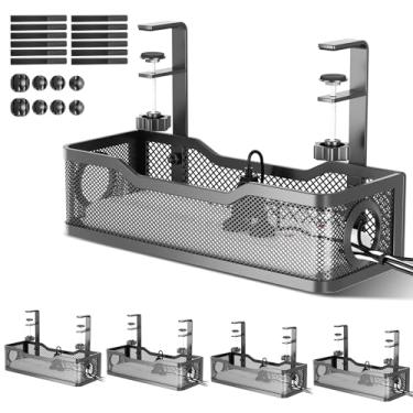 Imagem de Pacote com 4 caixas de gerenciamento de cabos embaixo da mesa preta, organizadores de fios Cinati 136 cm sem furadeira, bandeja de organização de cabos com grampo para escritório, casa - sem danos à