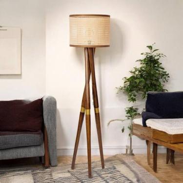 Imagem de Luminária Cúpula Palha Sintetica Pé Madeira Detalhe dourado - D+MOB