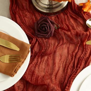 Imagem de 2 peças de passadores de mesa de gaze de 3 m, toalha de mesa rústica para casamento, chás de panela, banquetes, jantares formais, festas de fim de ano (ferrugem)