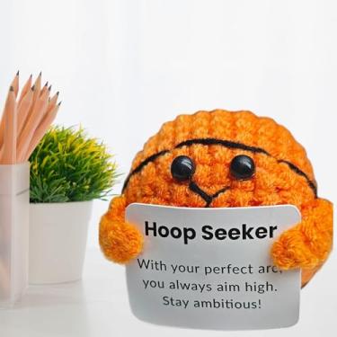 Imagem de Bola de basquete de crochê feita à mão positiva, adequada como um mini presente de fã para mulheres, homens e amantes de basquete, adequada para sala de estar, quarto, cozinha, estante de livros