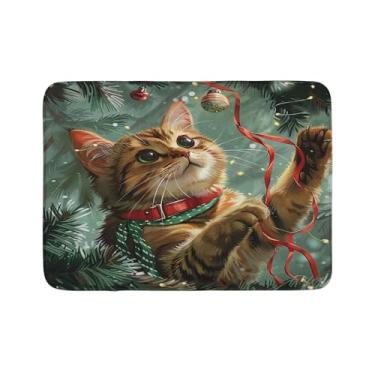 Imagem de Ambesonne Tapete de banho de Natal, gatinho extravagante vintage vibrante, brincando com árvores de Natal, enfeite de renda, tapete de pelúcia para decoração de banheiro com suporte antiderrapante,