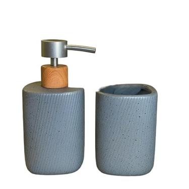 Imagem de Kit Banheiro de Cerâmica 2 Peças – Dispenser Porta Sabonete Líquido e Porta Escova de Dente | Ideal para Lavabo e Decoração Elegante(GRANITO CINZA)