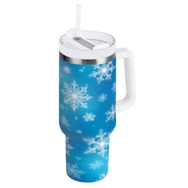 Imagem de Blueangle Copo de flocos de neve azuis de 850 g com alça e tampa de palha, copo isolado reutilizável garrafa de água de aço inoxidável caneca de viagem (85)
