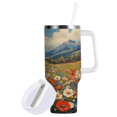 Imagem de Blueangle Copo vintage de 850 g para pintura a óleo de flores silvestres com alça e tampa de palha, copo isolado, reutilizável, garrafa de água de aço inoxidável, caneca de viagem (678)