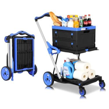 Imagem de Carrinho de compras dobrável de 2 níveis com rodas, carrinho de compras com capacidade de 90 kg com rodas com caixa de armazenamento, carrinho de mão de plataforma com freio de pé