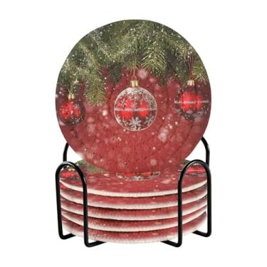 Imagem de KEEPREAL 6 peças bolas de Natal porta-copos de neve para bebidas, porta-copos de tecido redondo absorvente com suporte para mesa de centro proteção de mesa para decoração de casa #426