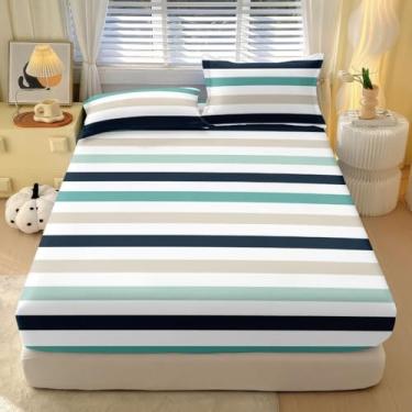 Imagem de Jogo De Lençol 3 Peças Com Elástico Casal Estampado Nao Desbota e Toque Macio Micropercal 400 Fios(Listrado)