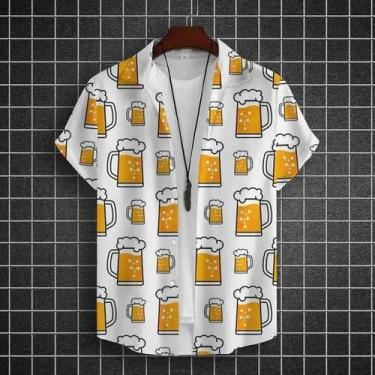 Imagem de Camisa Havaiana Masculina Estampada Em 3D Com Tema De Cerveja, Manga C