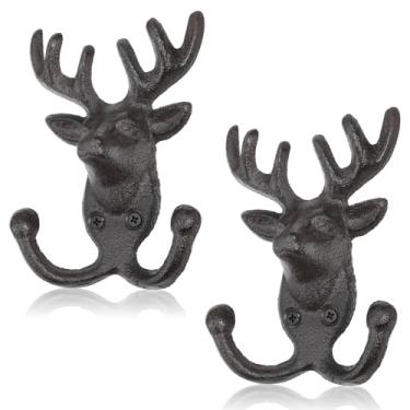 Imagem de PercyEffie Pacote com 2 ganchos de parede rústicos de ferro fundido com cabeça de veado, ganchos de parede resistentes para casacos, chaves, toalhas, cabides de decoração de animais vintage para casa