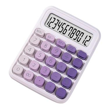 Imagem de Calculadora fofa Tela LCD grande de 12 dígitos Botão redondo grande gradiente colorido doce Calculadora de fonte de alimentação dupla adequada para escritório, escola, casa para (Roxa)