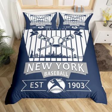 Imagem de Erosebridal Jogo de cama de capa de edredom de beisebol New York, presentes de equipe de beisebol para meninos, jogo de cama esportivo