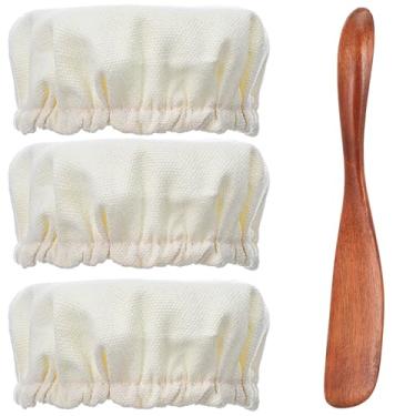 Imagem de DOPENSPI 3 peças de tampa de pote de massa fermentada com espátula de madeira, capa de pano reutilizável para fermentação respirável, tampas de fermentação de pão de algodão, tampa de tigela de pano