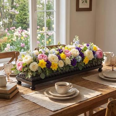 Imagem de AceOrbit Tigela de massa de madeira grande, decoração de mesa de centro de mesa de Natal feita à mão, mesa central de tigela de madeira rústica longa para mesas de jantar de Natal, sala de estar