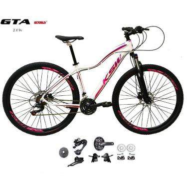 Imagem de Bicicleta Aro 29 Ksw Mwza Feminina Kit 2x9 Sunrun Disco K7 11/36 Pedivela 24/38d Com Trava - Branco/pink/violeta Tam.15