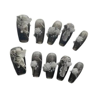 Imagem de Unhas Postiças Femininas Artesanais Em Formato De Caixão, 10 Peças, Li