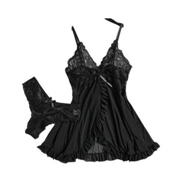 Imagem de Camisola Babydoll Feminina Sexy Com Decote Em V, Renda, Tule E Babados