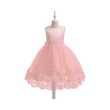 Imagem de Vestido De Dama De Honra Em Tule Rosa Para Meninas Com Laço De Flor, V