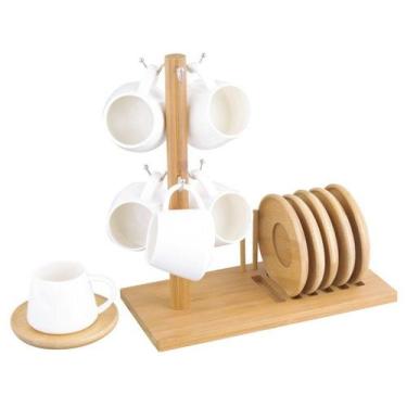 Imagem de Cj.6 Xícaras p/Cafe c/Pires Ceram.Oasis Branca 90ml c/Suporte Bambu - 