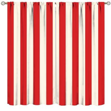Imagem de Cortina listrada, estampa de cortina listrada vintage vermelha e branca, cortina blackout para decoração de quarto e sala de estar, conjunto com 2 painéis, tamanho total 132 cm L x 213 cm C