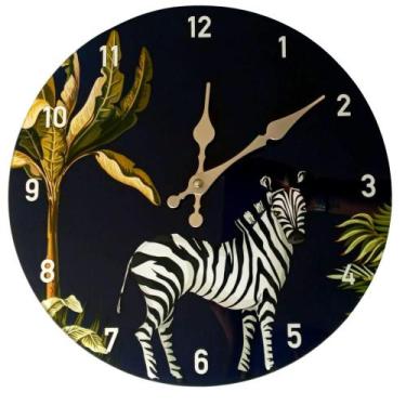 Imagem de Relógio de Parede em Vidro Fundo Preto 29cm Animal Zebra - BOM YEARS