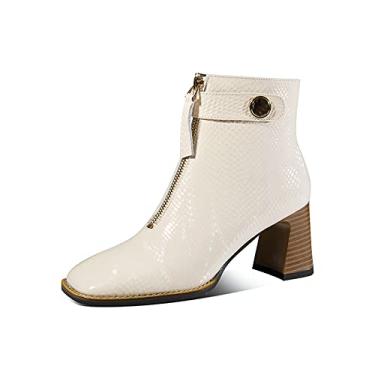 Imagem de TinaCus Bota feminina de couro legítimo feita à mão com salto grosso com zíper lateral e bico quadrado e decoração com zíper frontal, Off-white, 5.5