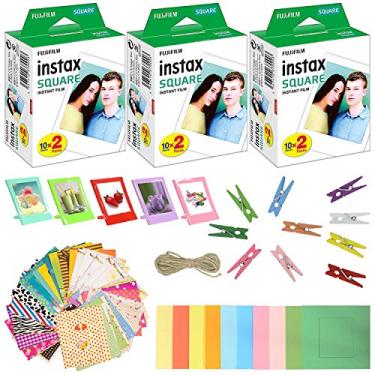 Imagem de Fujifilm Instax Square Instant Film (pacote com 3, 60 folhas), 5 molduras de mesa de plástico + 10 molduras de papel mais 60 molduras de adesivos