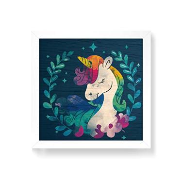 Imagem de Arte Maníacos Quadro decorativo com moldura caixa branca em Madeira - Unicórnio Aquarela - 30x30cm